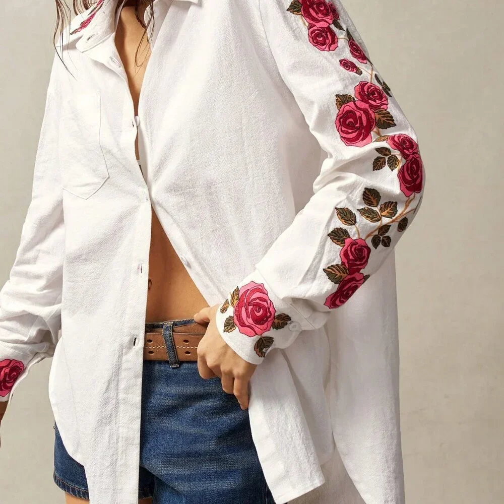 White Boho Women's Woven Asymmetrical Long Sleeve Shirt - Picture 6 of 7